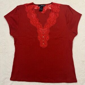 Willi Smith Lace Trimmed V‎ Neck dark red Shirt Top XL Ribbed button details